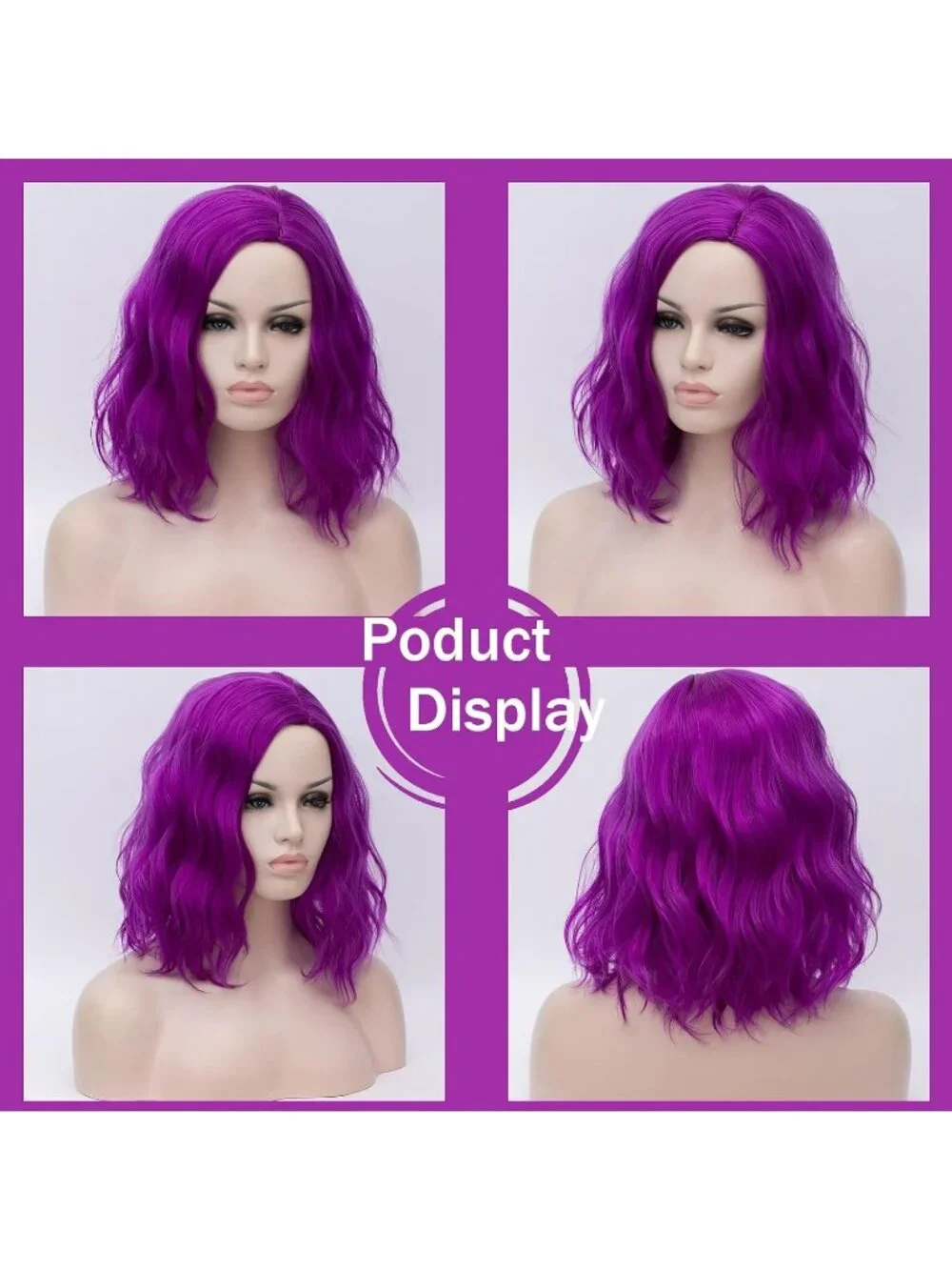 Women's 14 Inch Purple Dark Wavy Bob Wig Short Curly Synthetic Heat Resistant